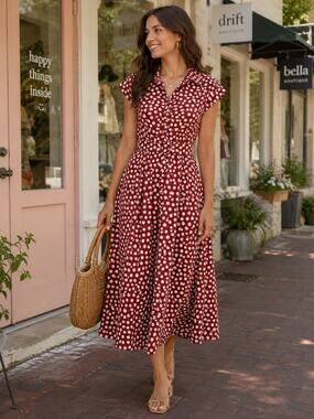 Prosperina | Ava Brick Red Polka Dot Cotton Midi Dress